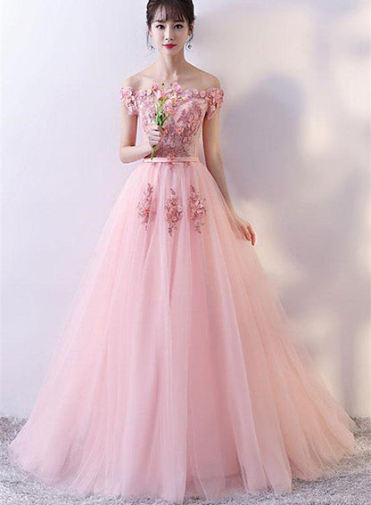 Solvbao Elegant Pink Flower Lace Applique Long Tulle Prom Dress, Pink Party Gown