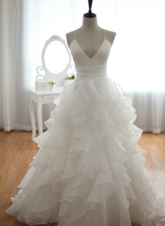 solvbao Beautiful Handmade Straps V-neckline Organza Layers Wedding Dress, Beach Wedding Gowns