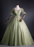 Solvbao Light Green Tulle with Gold Lace Short Sleeves Formal Dress, Light Green Sweet 16 Gown