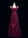 solvbao Burgundy A-line Halter Vintage Style Prom Dress, Burgundy Long Evening Dress