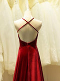 Solvbao A-Line Halter Sleeveless Cross Back Velvet Long Red Gown, Red Formal Dress