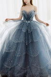 solvbao Blue Tulle Straps V-neckline Long Formal Dress, Blue Layers Tulle Prom Dress