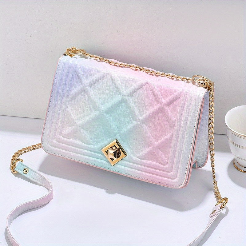 solvbao  Gradient Color Crossbody Bag, Trendy Rainbow Chain Shoulder Bag, Embossed Square Purse For Women