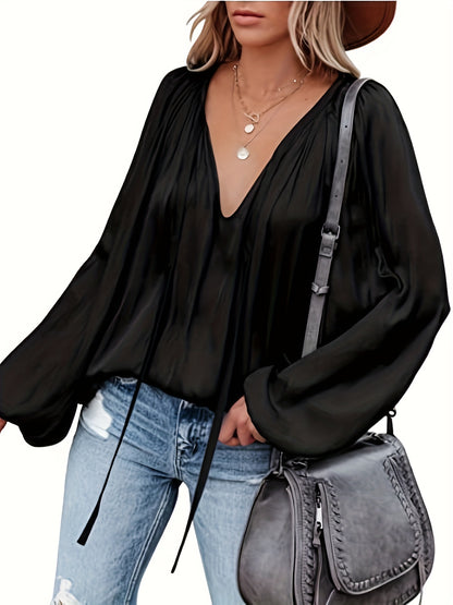 solvbaoSolid Tie Neck Pleated Blouse, Casual Long Sleeve Blouse For Spring & Fall, Women's Clothing