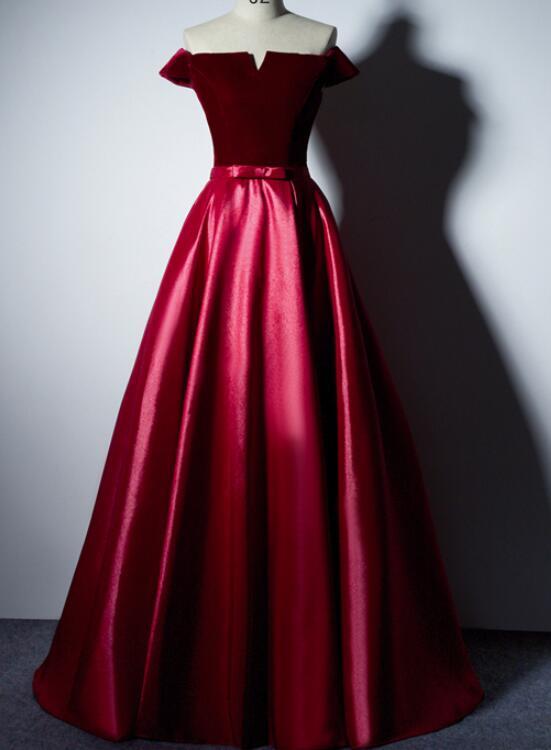 Solvbao Charming Red Satin Off Shoulder Long Prom Dress with Velvet Bodice, New Style Prom Dress , Junior Prom Dresses