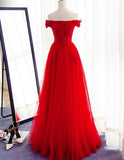 solvbao Red Tulle Floor Length Floral Prom Gowns, Red Prom Dress , Off Shoulder Party Dress