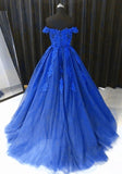 solvbao Royal Blue Tulle Gown, Lace Applique Off Shoulder Party Dress, Prom Dress Sweet 16 Dress