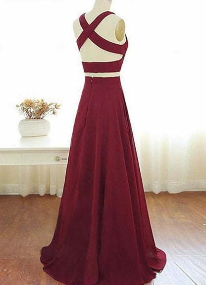 solvbao Wine Red Two Piece Chiffon Party Dress , Two Piece Formal Gowns, Prom Dress