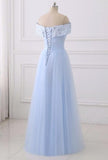 solvbao Light Blue Simple Bridesmaid Dresses, Off Shoulder Party Dress, Simple Tulle Junior Prom Dress