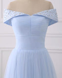 solvbao Light Blue Simple Bridesmaid Dresses, Off Shoulder Party Dress, Simple Tulle Junior Prom Dress