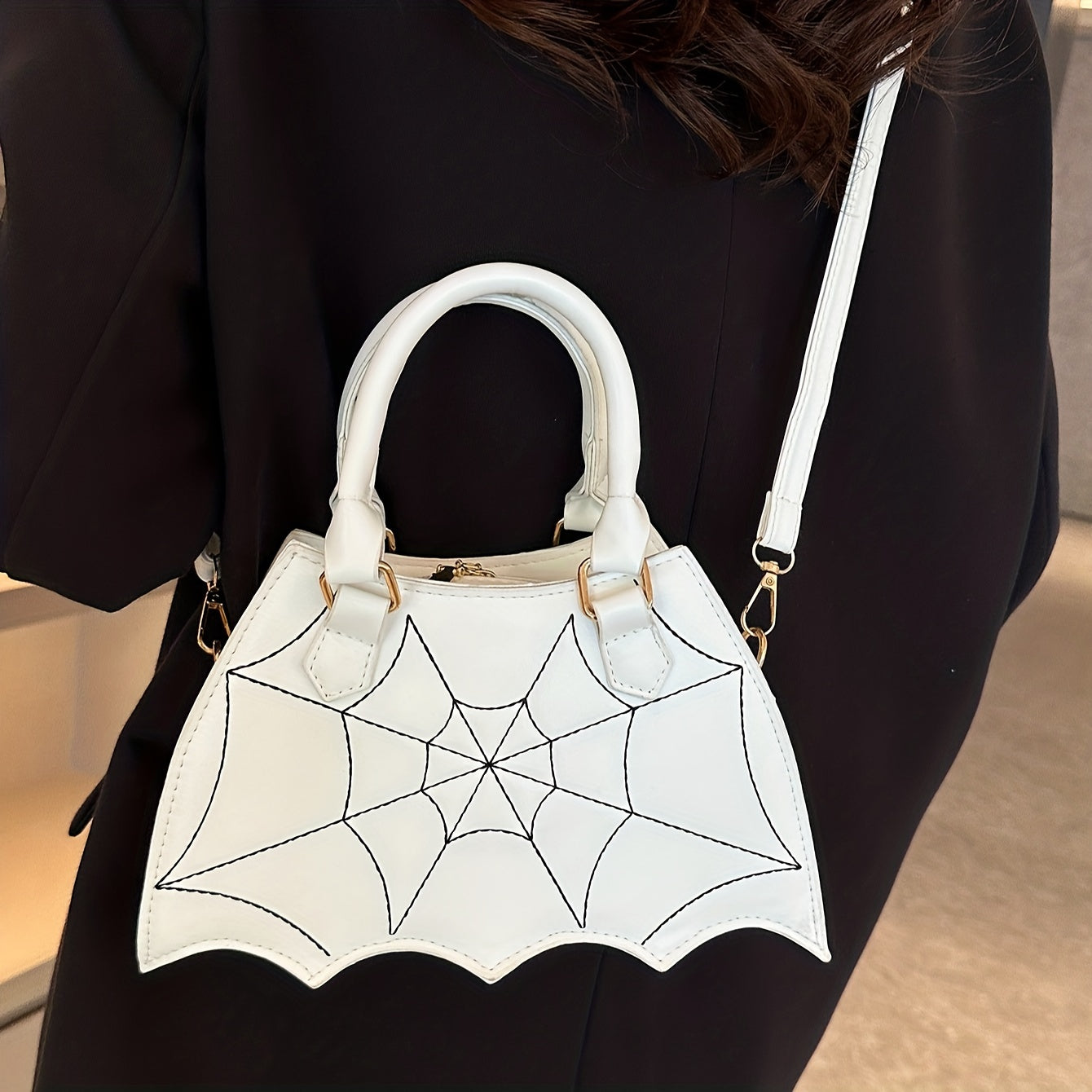 solvbao  Dark Style Y2K Bat Spider Web Handbag, Vintage Faux Leather Crossbody Bag, Halloween Party Purse For Women