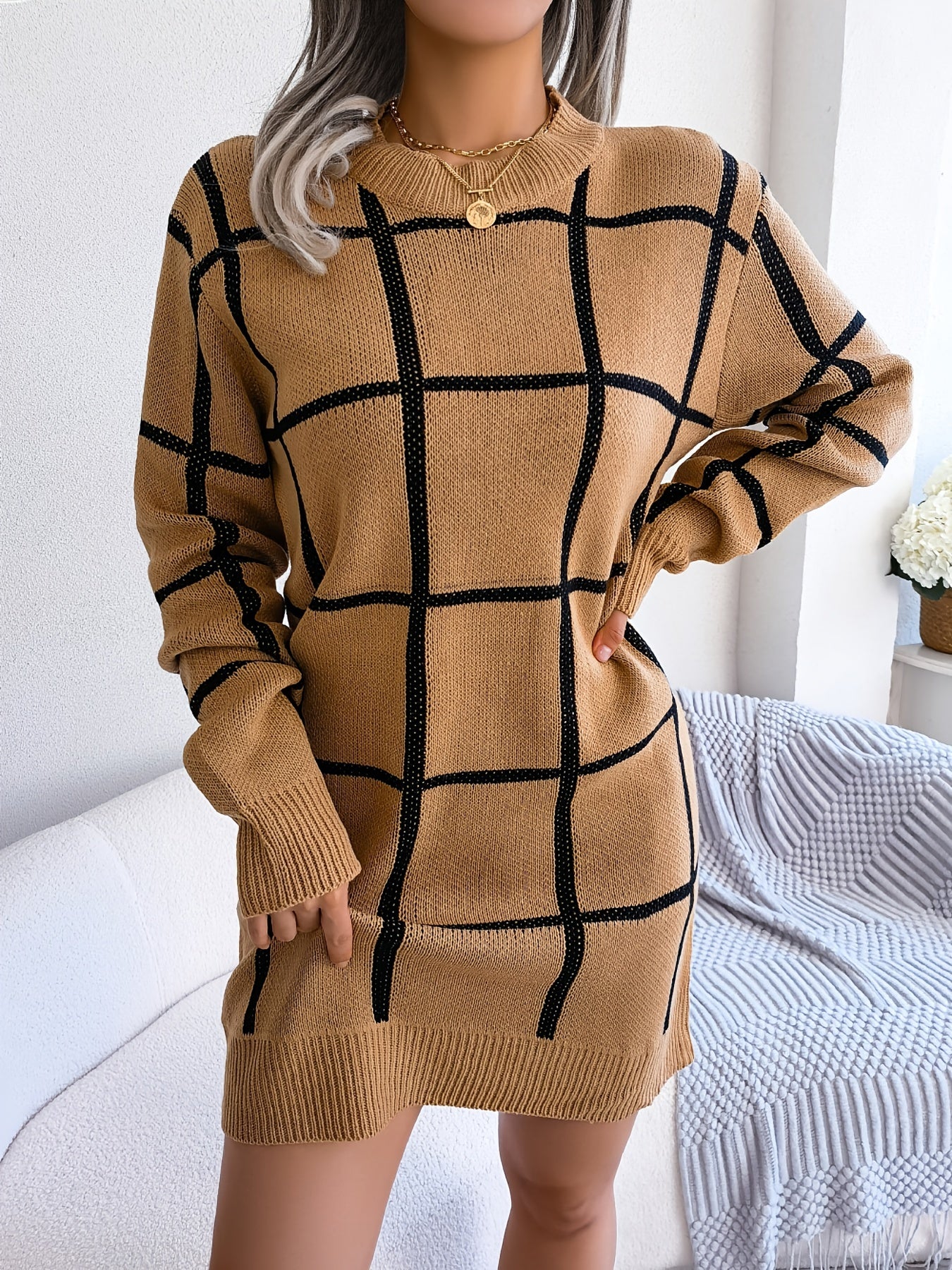 solvbaoColor Block Plaid Round Neck Long Sleeve Sweater Dress, Bag Hip Casual Bodycon Loose Dress, Women's Clothing