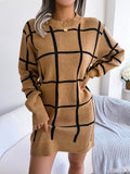 solvbaoColor Block Plaid Round Neck Long Sleeve Sweater Dress, Bag Hip Casual Bodycon Loose Dress, Women's Clothing