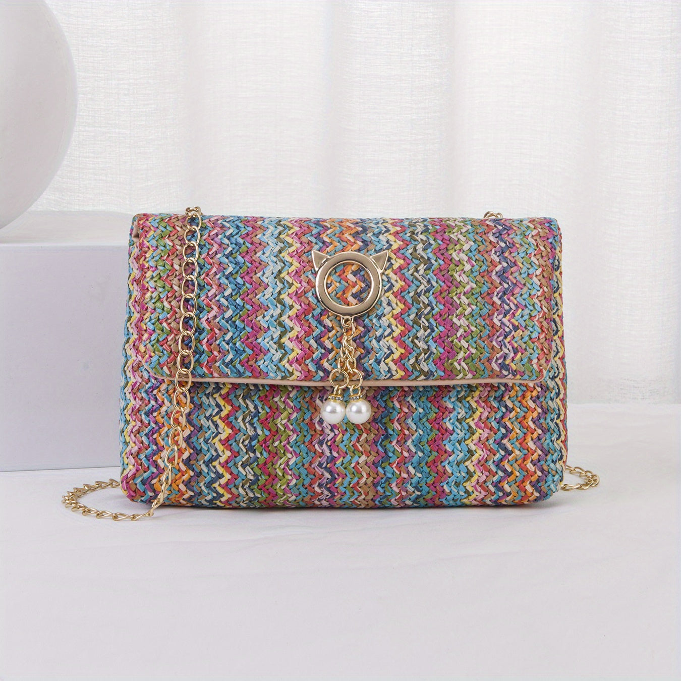 solvbao  Rainbow Straw Woven Beach Bag, Fashion Chain Crossbody Bag, Colorful Stripes Square Purse