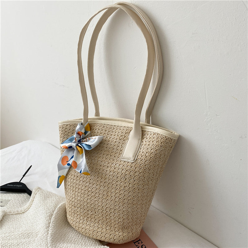 solvbao  Straw Woven Hand-held Beach Bag, Women's One-shoulder Bucket Bag, Twilly Scarf Decor Tote Bag