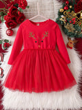 Girls Cute & Stunning Long Sleeve Sequin Deer Pattern Mesh Tutu Dress For Spring & Fall As Christmas Gifts