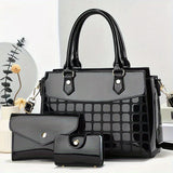 3pcs PU Bright Leather Bag Set, Women's Handbag & Crossbody Bag With Clutch Purse & Card Holder For Office & Work