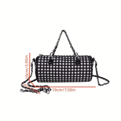 solvbao  Mini Metal Chain Crossbody Cylinder Bag, Canvas Lightweight Plaid Barrel Bag Purse, Classic Versatile Fashion Shoulder Bag