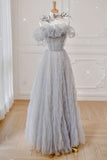 kamahe Gray Tulle A Line Off the Shoulder Formal Evening Dresses Long Prom Dresses