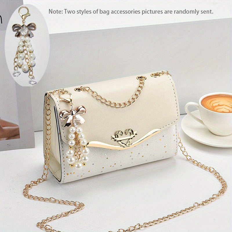 solvbao  Star Sequins Crossbody Bag, Fashion Chain Shoulder Bag, Heart & Bow Decor Square Purse For Women