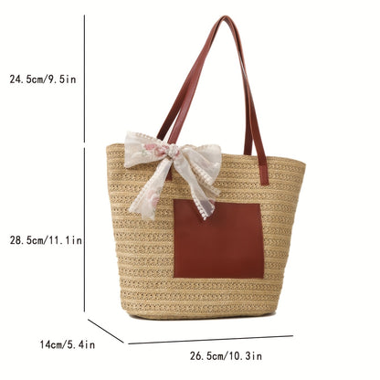 solvbao  Bohemian Vacation Tote Straw Bag, Colorblock Summer Travel Tote Bag, Lace Scarf Decor Ladies Bag