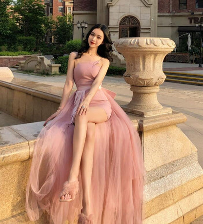 Solvbao Pink Tulle Long Formal Dress Party Dress, Pink Tulle and Satin Prom Dress