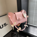 Sweet Bowknot Decor Shoulder Bag, Solid Color Crossbody Bag, Women's Flap Square Purse With Love Pendant