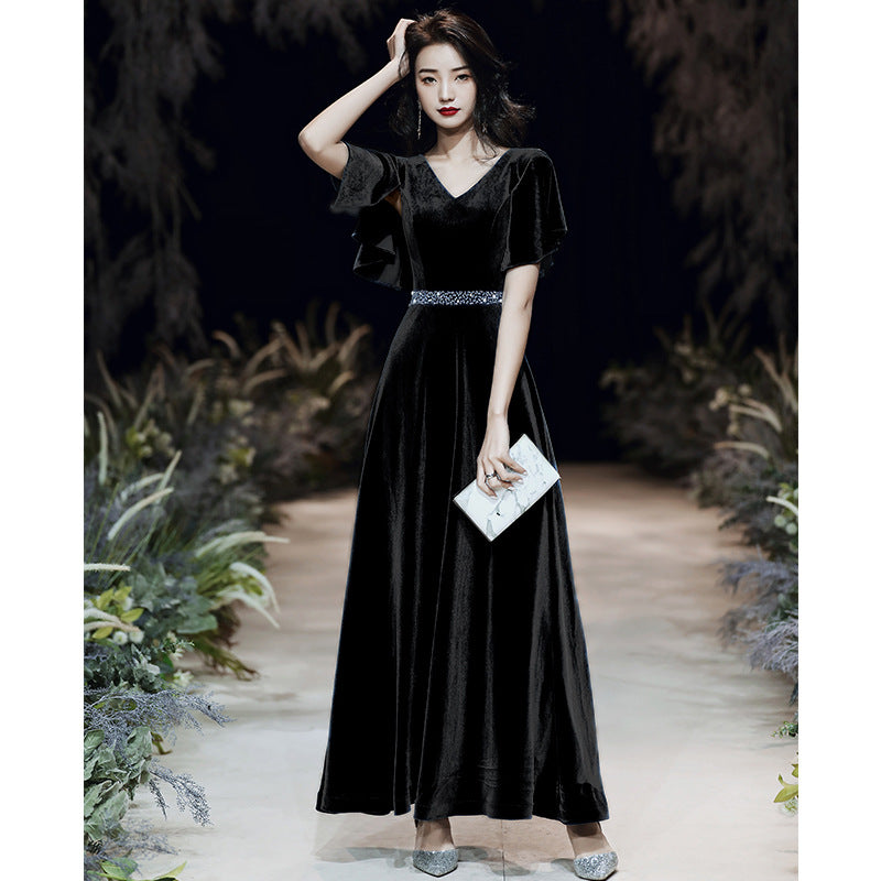 Blue Evening Dress for Women  New Temperament Banquet Velvet Elegant Annual Meeting Host Performance Dress Long