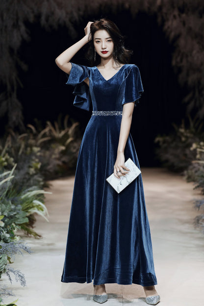 Blue Evening Dress for Women  New Temperament Banquet Velvet Elegant Annual Meeting Host Performance Dress Long