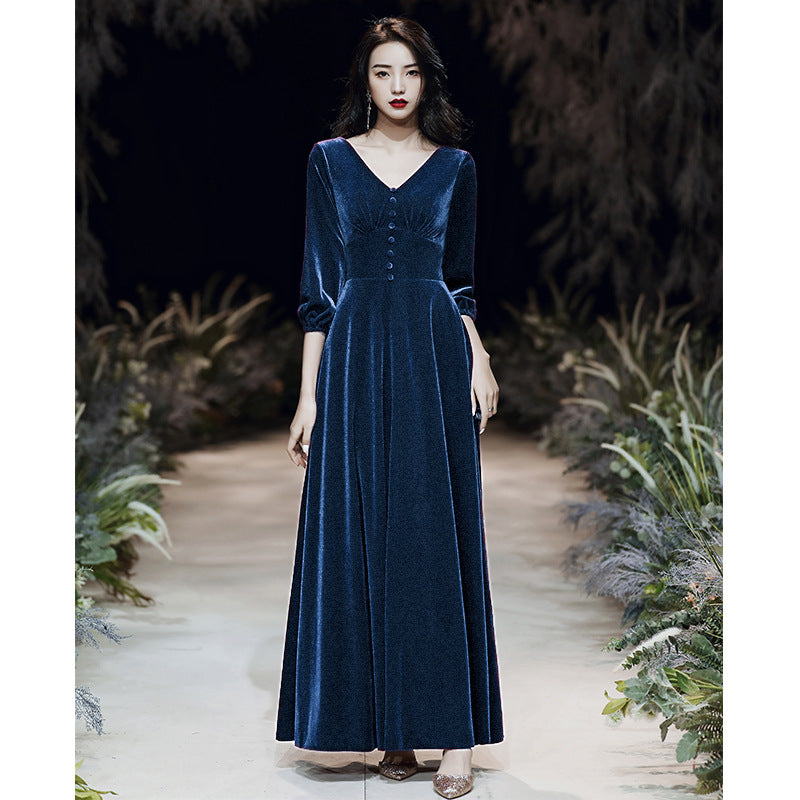 Blue Evening Dress for Women  New Temperament Banquet Velvet Elegant Annual Meeting Host Performance Dress Long