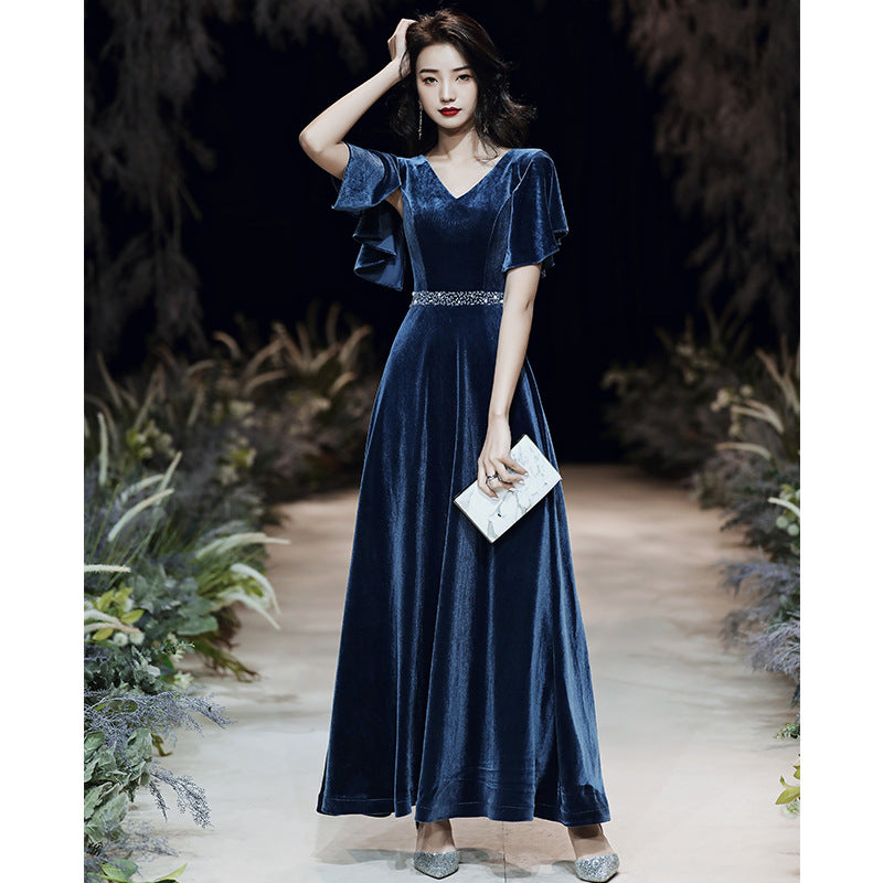 Blue Evening Dress for Women  New Temperament Banquet Velvet Elegant Annual Meeting Host Performance Dress Long