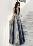 Solvbao A-line Navy Blue Tulle with Lace Long Party Dress, Navy Blue Floor Length Prom Dress