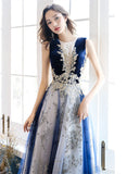 Solvbao A-line Navy Blue Tulle with Lace Long Party Dress, Navy Blue Floor Length Prom Dress