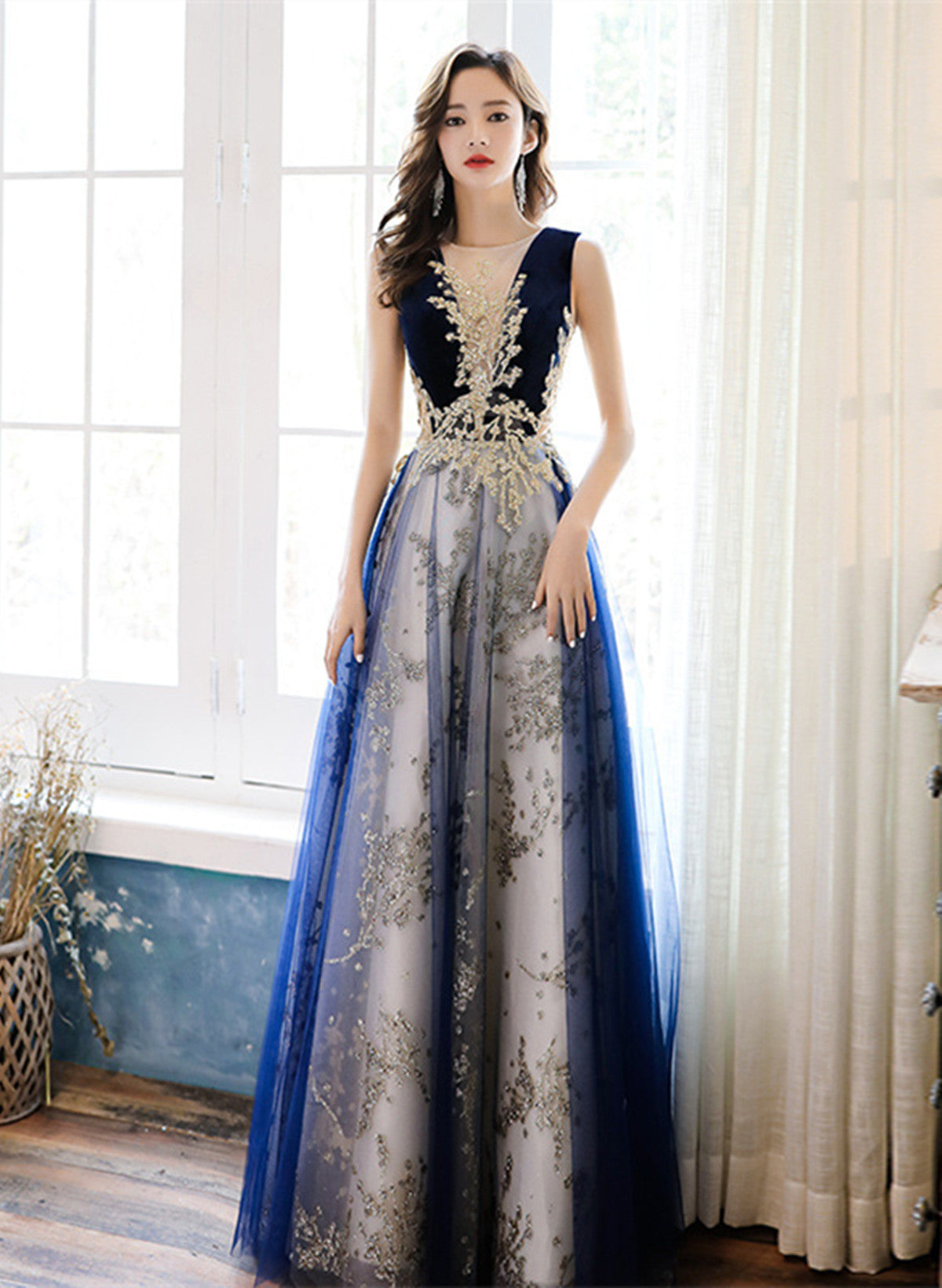 Solvbao A-line Navy Blue Tulle with Lace Long Party Dress, Navy Blue Floor Length Prom Dress