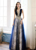 Solvbao A-line Navy Blue Tulle with Lace Long Party Dress, Navy Blue Floor Length Prom Dress