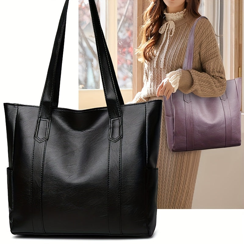 solvbao  Solid Color Tote Bag For Women, Large Capacity Shoulder Bag, PU Leather Handbag With Zipper