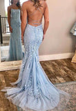 kamahe Chic Trumpet Spaghetti Straps With Lace Appliques Light Blue Prom Dresses