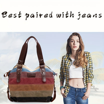 Rainbow Stripes Denim Handbag, Large Capacity Crossbody Bag, Vintage Stitching Shoulder Bag For Travel, Work