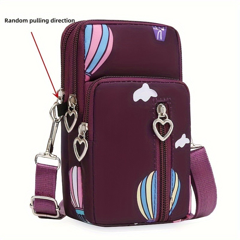 Mini Heart Zipper Phone Bag, Nylon Canvas Crossbody Bag, Multi Layer Zipper Around Purse (3.54*6.7*2.36) Inch