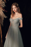 Solvbao Beautiful Shiny Tulle A-line Off Shoulder Long Prom Dress , Sweetheart Party Dresses