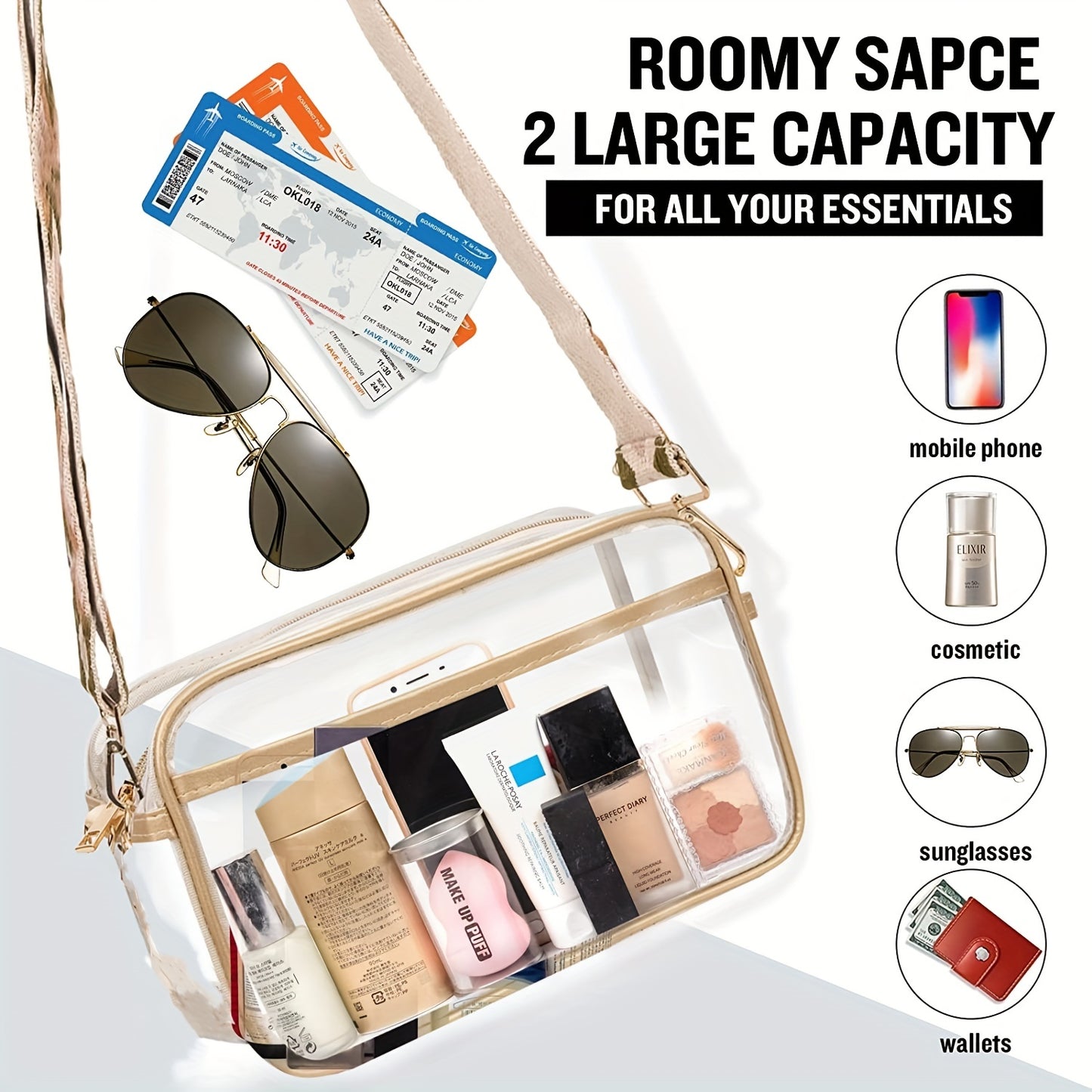 solvbao  Clear Waterproof Crossbody Bag, Geometric Strap Shoulder Bag, Trendy PVC Square Purse For Travel Beach & Concert