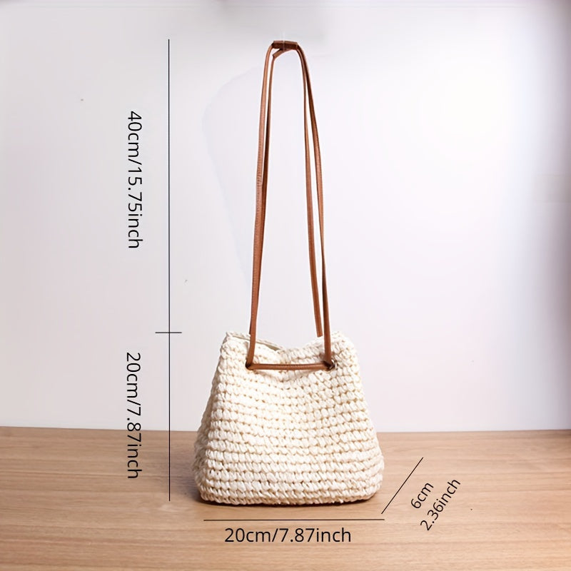 solvbao  Mini Straw Bucket Bag For Women, Summer Holiday Crossbody Bag, Stylish Drawstring Shoulder Beach Bag