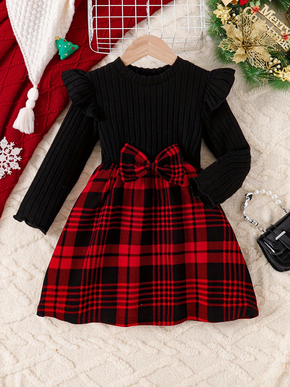 Girls' Christmas Bowknot Long Sleeve Round Neck Dress, Knitted Stretch Polyester Fabric, Regular Fit, Fashion Plaid Pattern, Spring/Autumn Season, Casual Style, Children'S Clothing