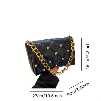 solvbao  Argyle Embossed Rivet Decor Square Bag, Metal Chain Flap Shoulder Bag, PU Leather Solid  Crossbody Bag