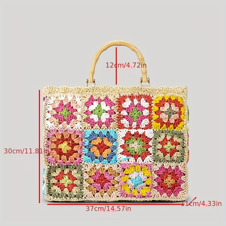 solvbao  Colorful Pattern Straw Satchel Bag, All-Match Storage Bag, Women's Travel Beach Bag With Fixed Straps