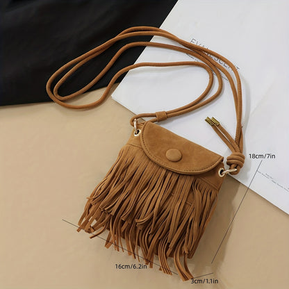 solvbao Mini Suede Crossbody Bag, Boho Style Tassel Flap Purse, Vintage Fringe Phone Bag For Women