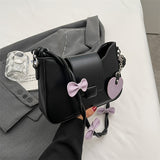 Sweet Bowknot Decor Shoulder Bag, Solid Color Crossbody Bag, Women's Flap Square Purse With Love Pendant