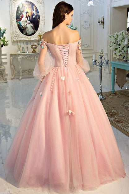 Solvbao Pink Flowers Puffy Sleeves Tulle Long Party Dress, Ball Gown Pink Sweet 16 Gown