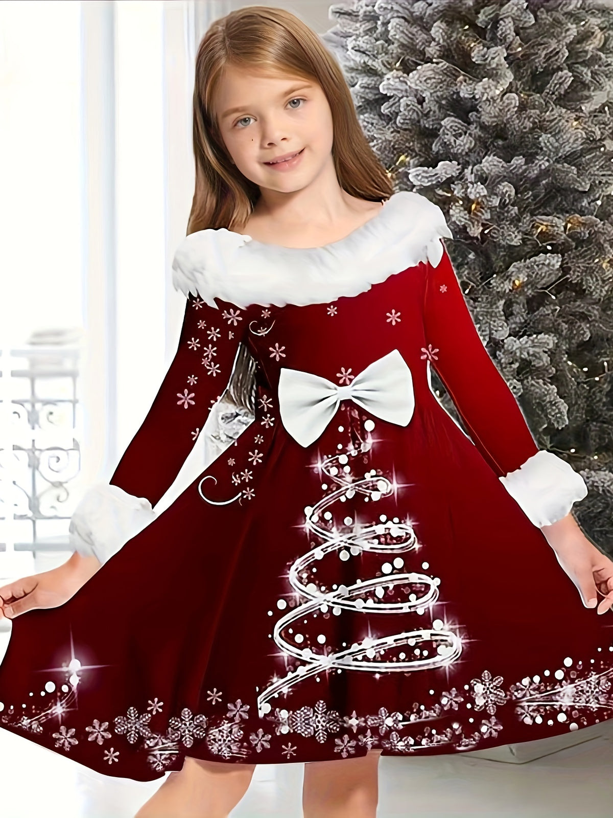 Girls Bow Christmas Tree Graphic Long Sleeve Dress Spring Fall Christmas Gift