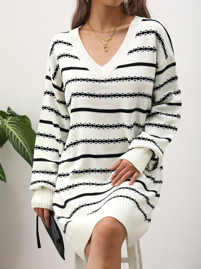 solvbao  Striped Pattern Drop Shoulder Dress, Casual V Neck Long Sleeve Dress, Women's Clothing